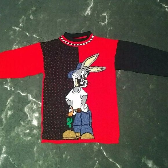 1996 Vintage Bugs Bunny Ugly Christmas Sweater Looney Tunes Black Red Hearts VTG - Picture 10 of 12